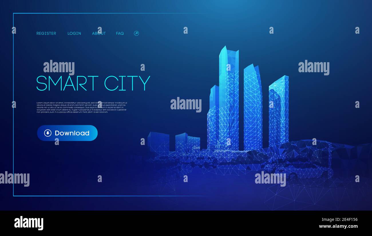 Smart City illustrazione astratta sfondo blu in stile poly basso. Connessione al social network globale. Sicurezza dei dati background vettoriale 3d. Illustrazione Vettoriale