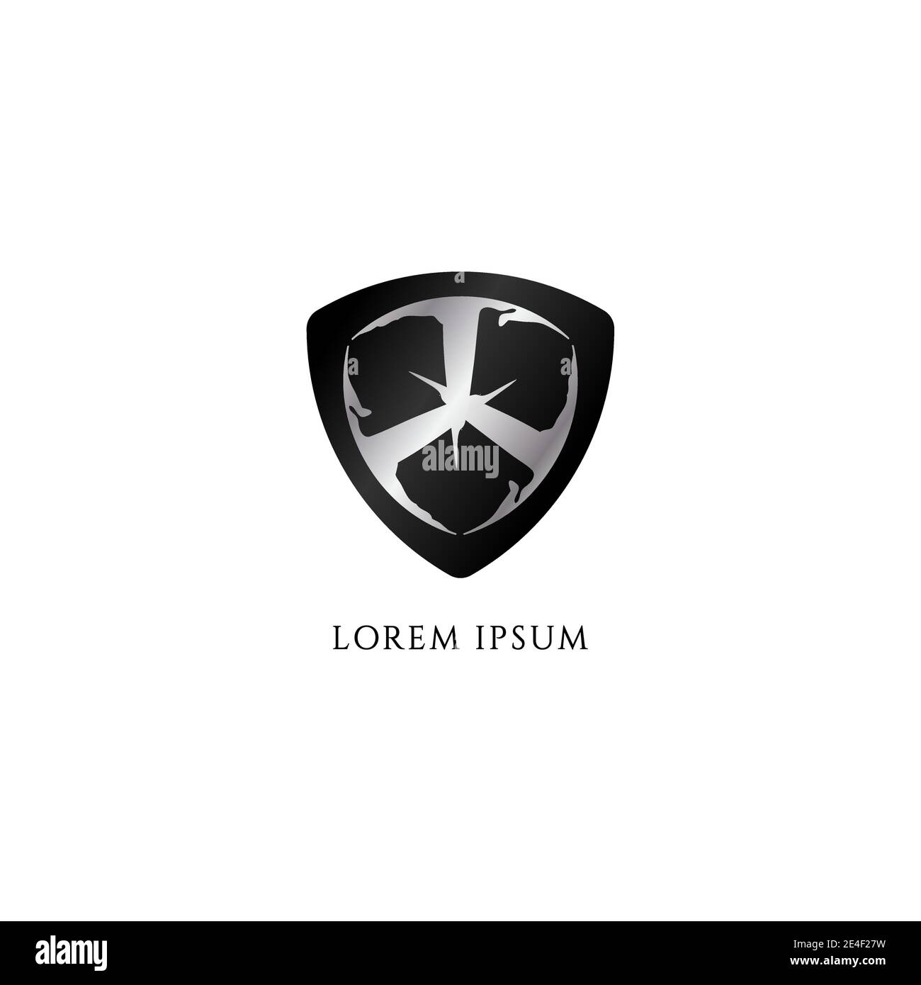 Scudo militare metallico decorativo isolato su sfondo bianco. Illustrazione vettoriale stock. Logo Design Element Sharp e Grunge Texture Black Silver Illustrazione Vettoriale
