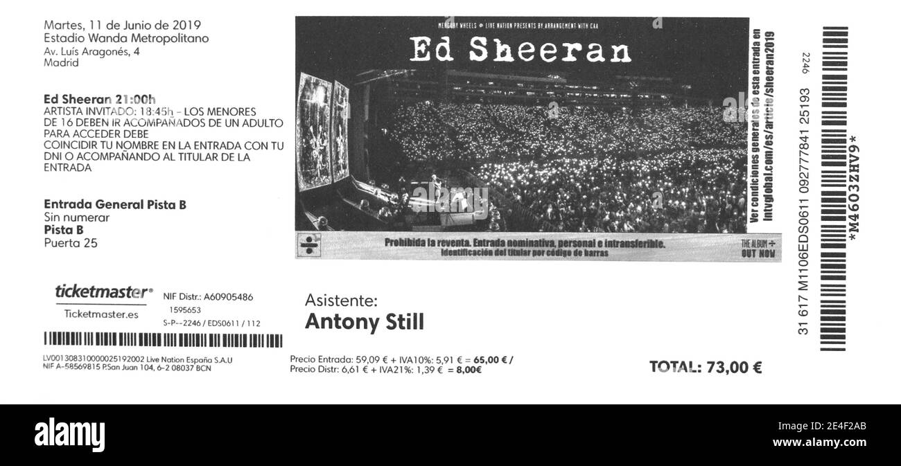 E-ticket di ingresso stampato per il concerto pop ed Sheeran presso il Wanda Metropolitan Stadium Madrid Spagna 11 giugno 2019 Foto Stock