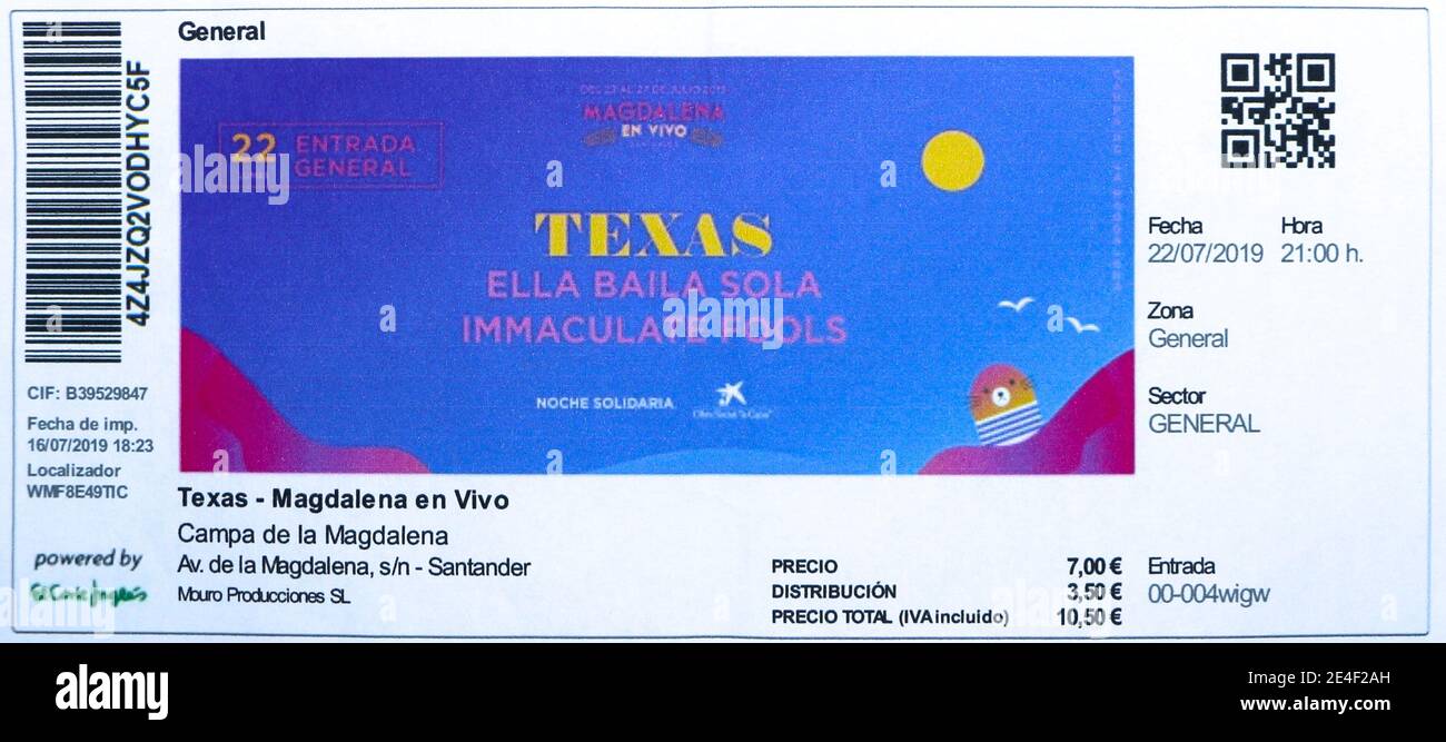 Biglietto d'ingresso per il Texas con supporto Ella Baila sola e. Immacolata Fool concerto all'aperto nel parco di Magdalena Santander Cantabria Spagna 22/07/19 Foto Stock