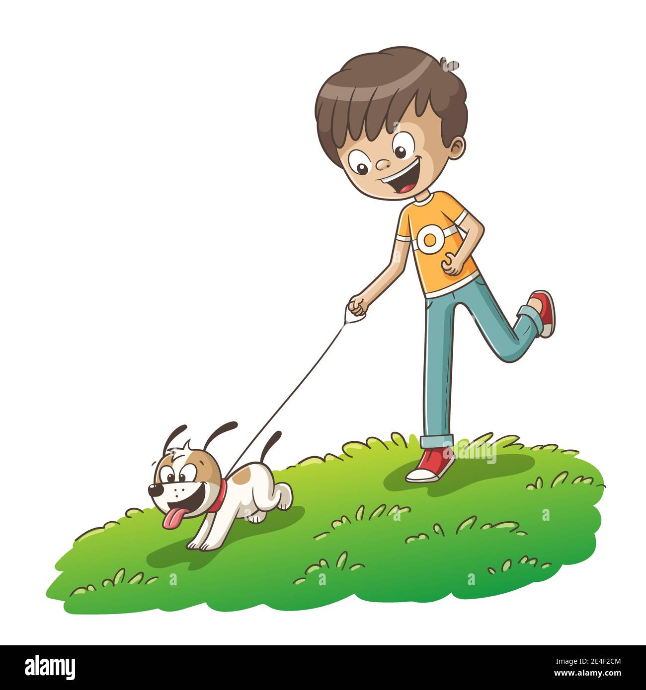 Ragazzo cammina con il cane. Illustrazione vettoriale disegnata a mano con livelli separati. Illustrazione Vettoriale