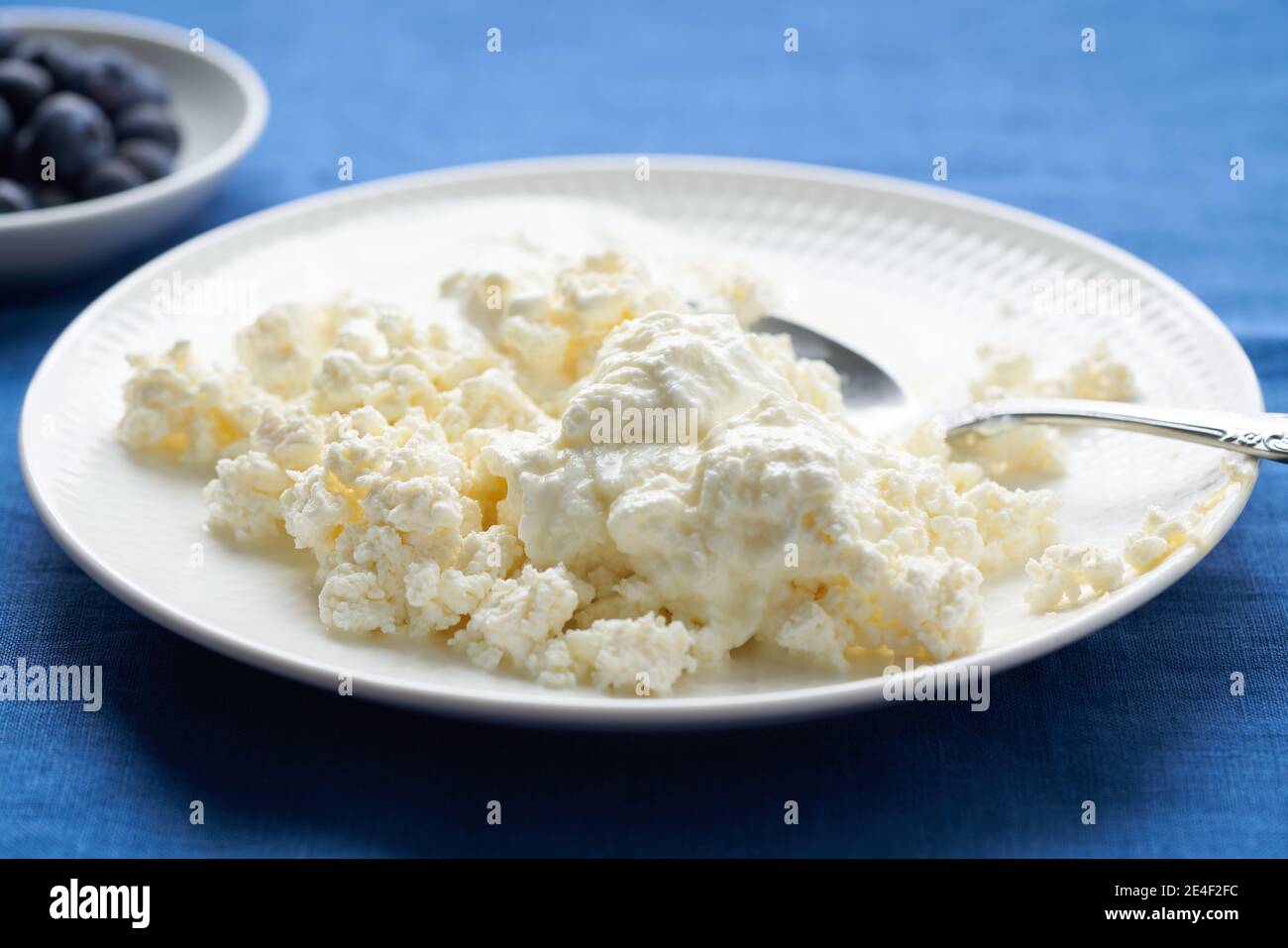 Piatto di formaggio fresco casolare, prima colazione con latticini, cibo proteico Foto Stock