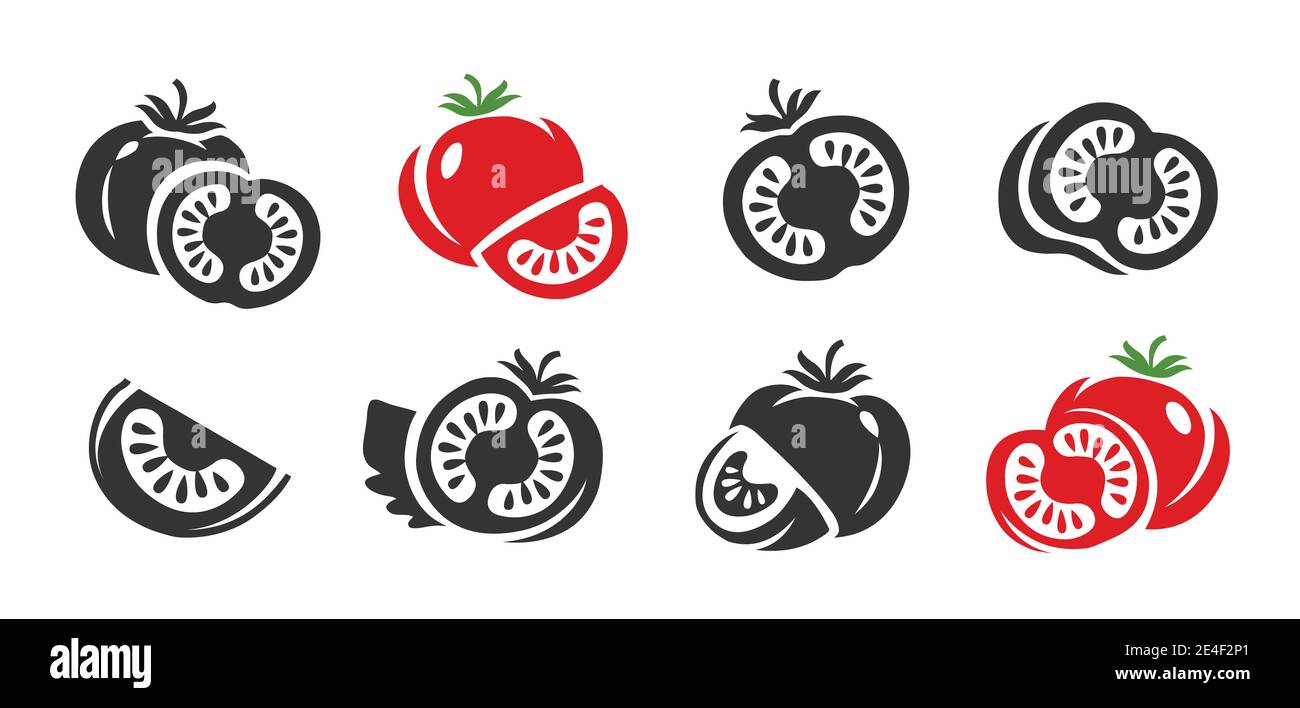 Set di icone di pomodoro. Verdure fresche, vettore simbolo cibo Illustrazione Vettoriale