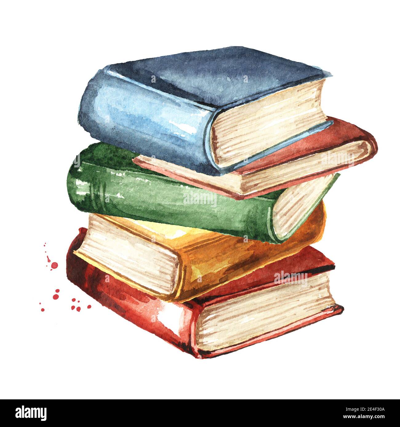 Pila alta di vecchi libri. Immagine disegnata a mano con acquerello isolata su sfondo bianco Foto Stock