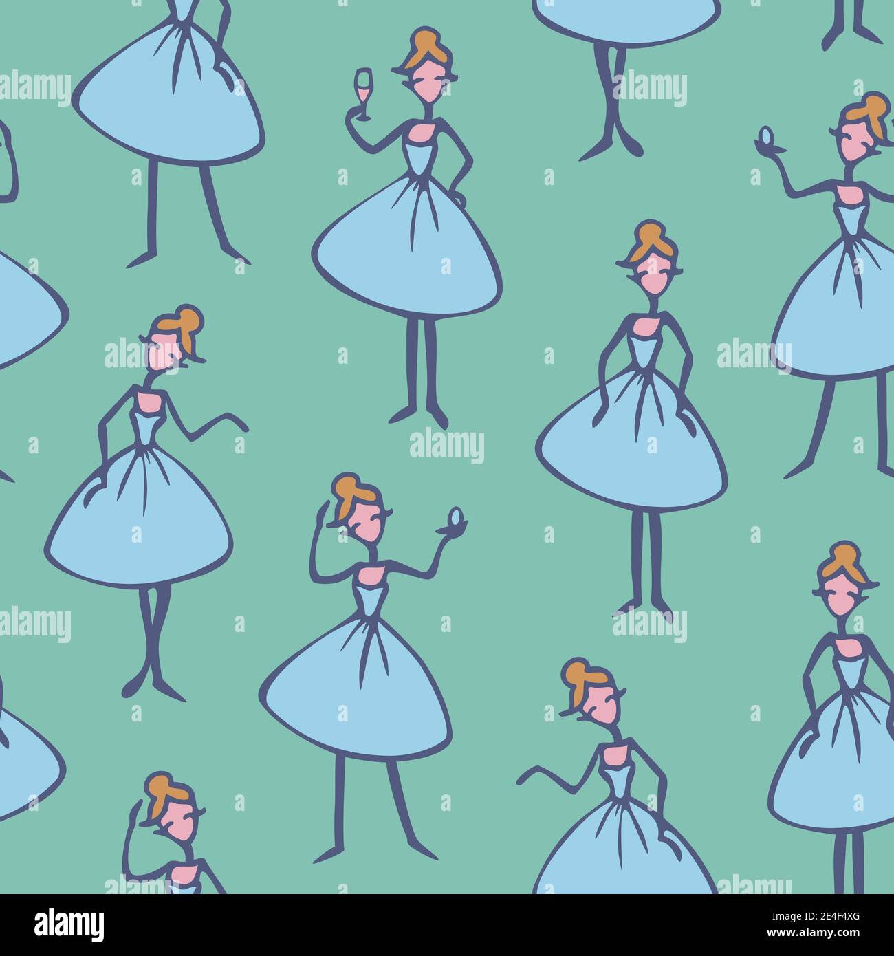 Modello vettoriale senza giunture con personaggi di cartoni animati Signore. Donna in abito blu in diverse pose. Illustrazione Vettoriale