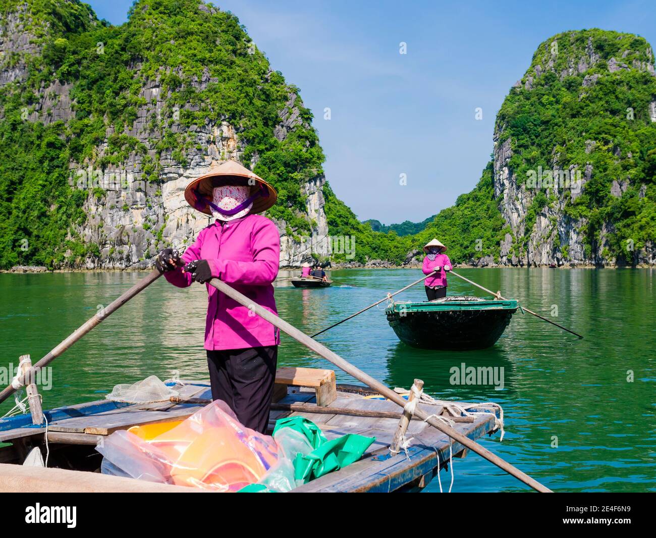 Le guide locali in tipiche uniformi viola e cappelli conici portano i turisti in una gita in barca attraverso le maestose montagne calcaree della baia di ha along, in Vietnam Foto Stock