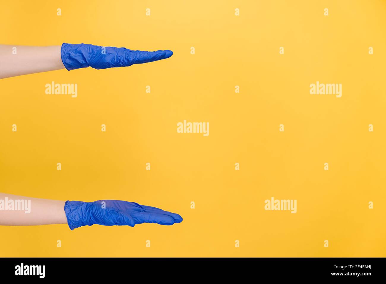 Le mani femminili in guanti blu protettivi mostra la larghezza di qualcosa pretende di tenere l'oggetto o qualcosa, dimostra la dimensione. Concetto di linguaggio del corpo Foto Stock
