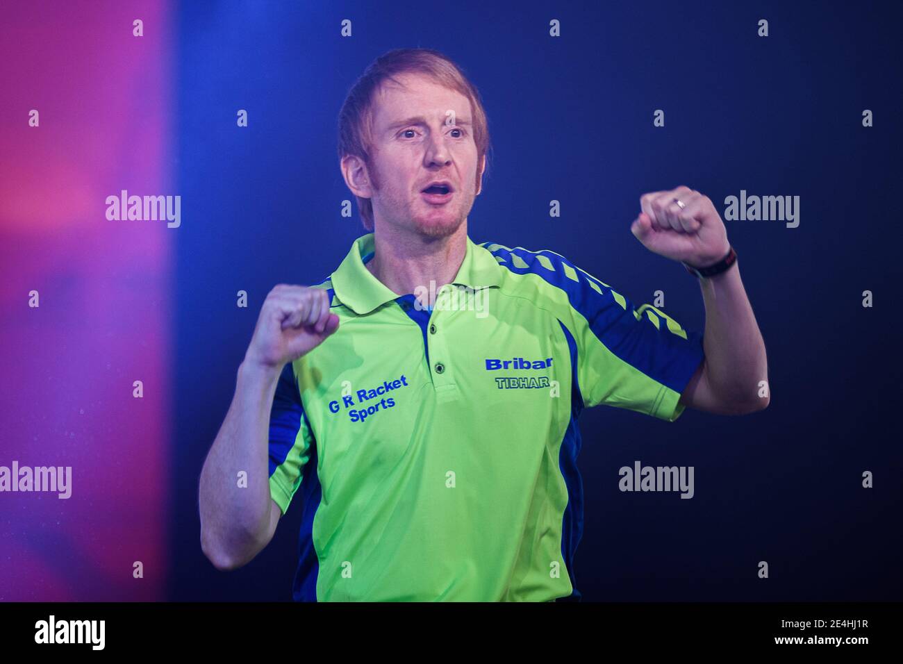 COVENTRY, REGNO UNITO. 23 gennaio 2021. Matt Ware (ENG) vs Gavin Rumgay (SCO) durante il 2021 World Ping Pong Masters presso la Ricoh Arena sabato 23 gennaio 2021 a COVENTRY, INGHILTERRA. Credit: Taka G Wu/Alamy Live News Foto Stock