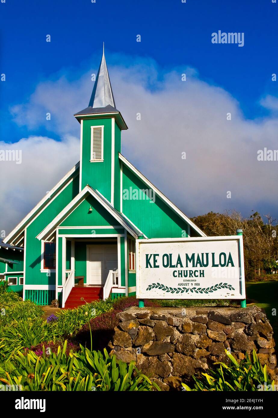 La storica Chiesa di Ke Ola Mau Loa (1931) si trova a Church Row, Waimea, Hawaii, USA Foto Stock