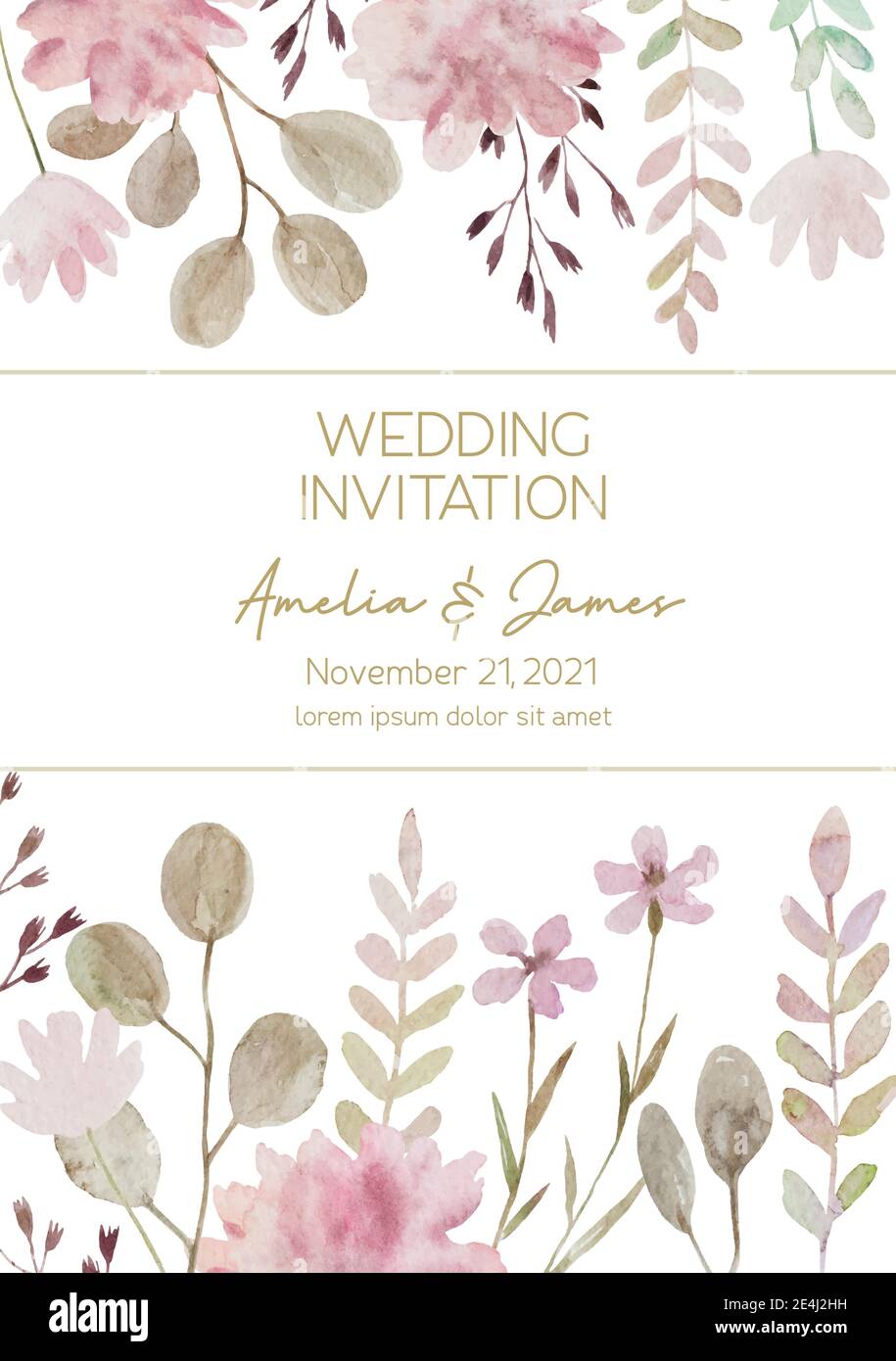 Simpatico modello di matrimonio floreale ad acquerello. Invito al matrimonio. Salvare la data. Illustrazione vettoriale. Illustrazione Vettoriale