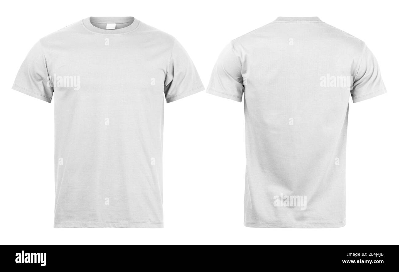T-shirt grigia mockup anteriore e posteriore utilizzato come modello di design, isolato su sfondo bianco con tracciato di ritaglio. Foto Stock