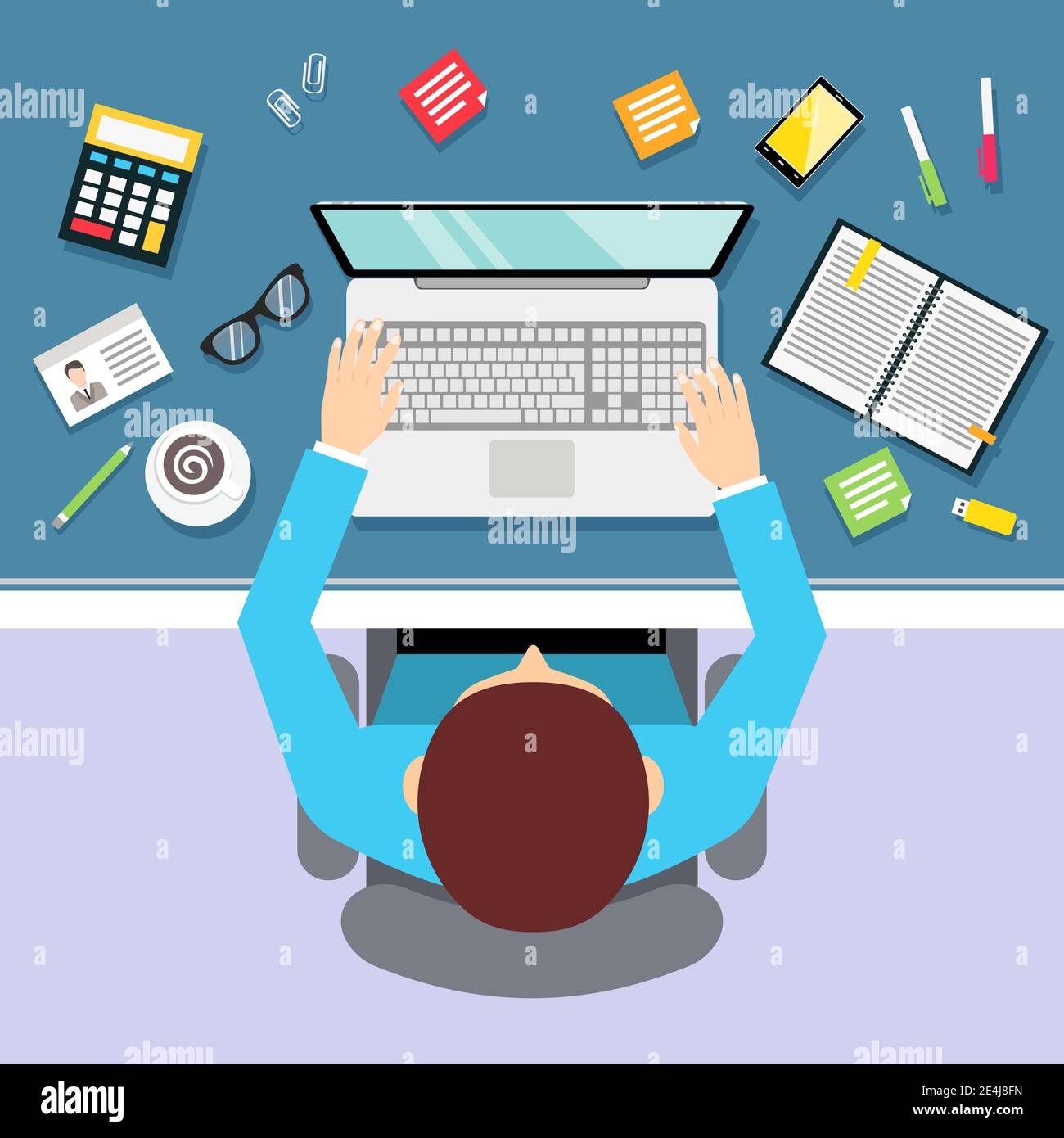 Vista dall'alto sul posto di lavoro degli uomini d'affari con computer portatile e cancelleria maschile manager illustrazione vettoriale Illustrazione Vettoriale
