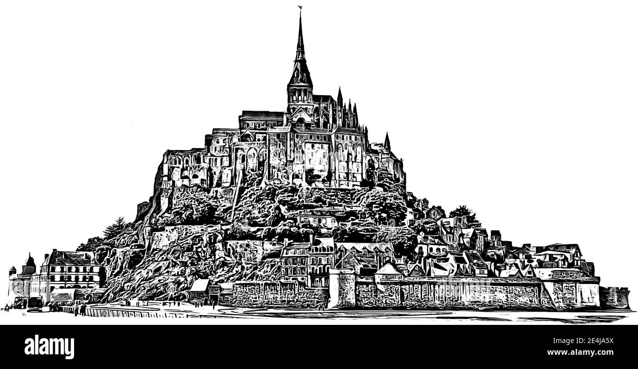 Vista grafica sul Mont Saint Michel su sfondo bianco. Disegno a matita in bianco e nero. Foto Stock