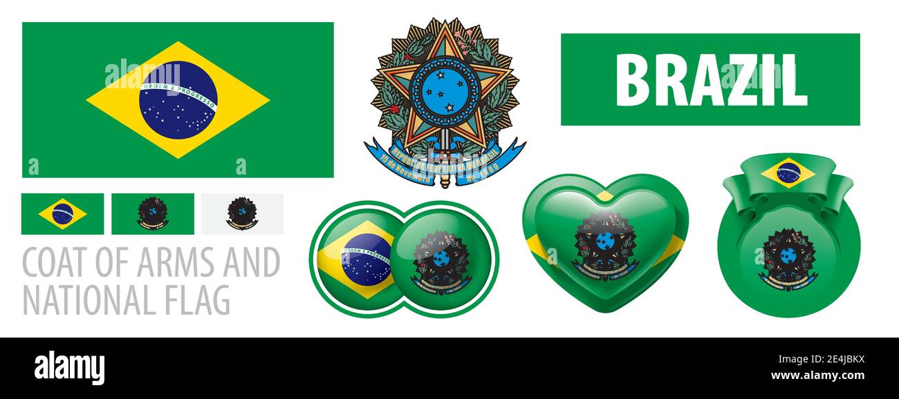 Insieme vettoriale dello stemma e della bandiera nazionale Del Brasile Illustrazione Vettoriale