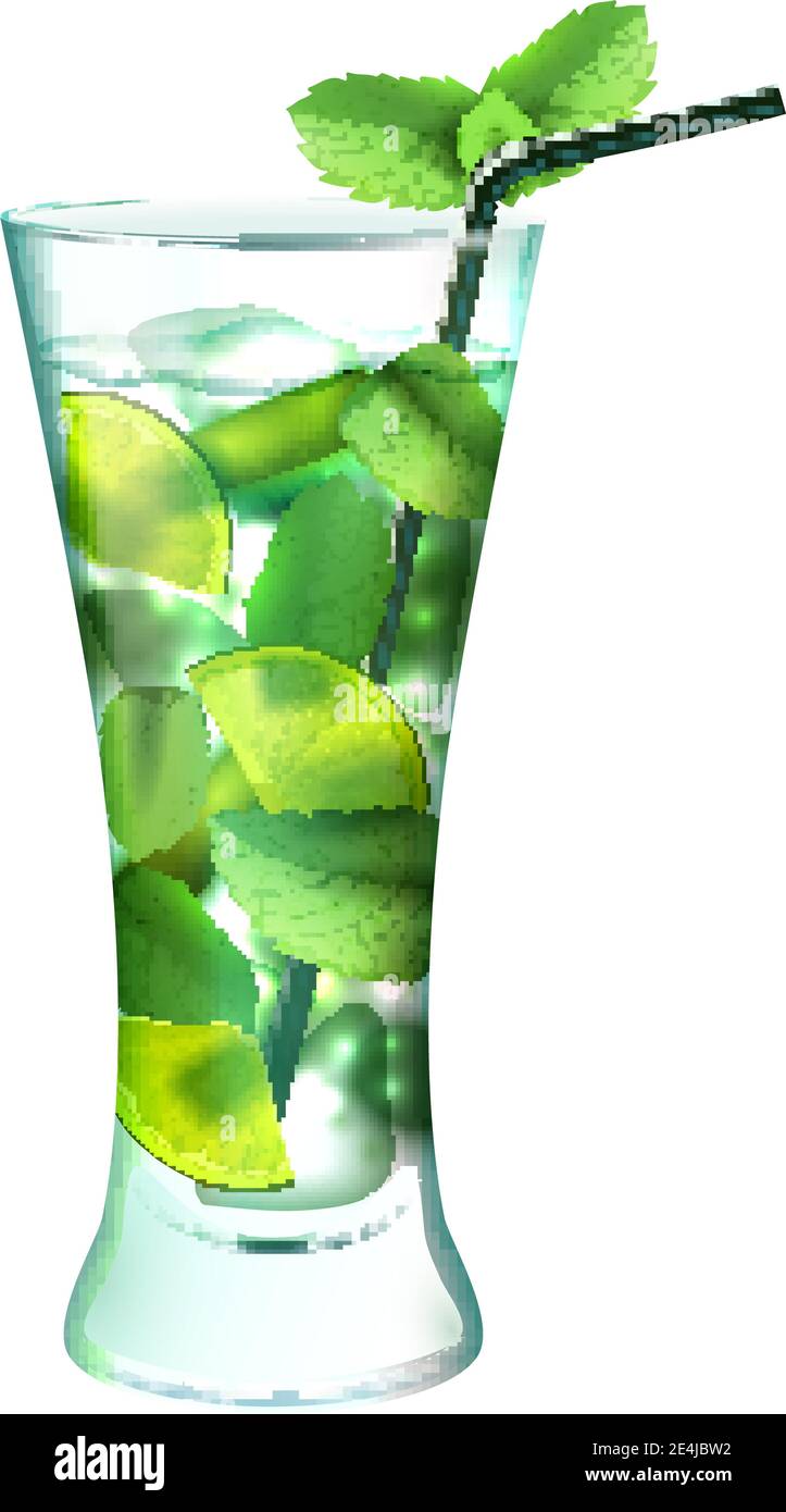Mojito cocktail realistico in vetro con menta e bevanda al lime immagine vettoriale con isolamento della paglia su sfondo bianco Illustrazione Vettoriale