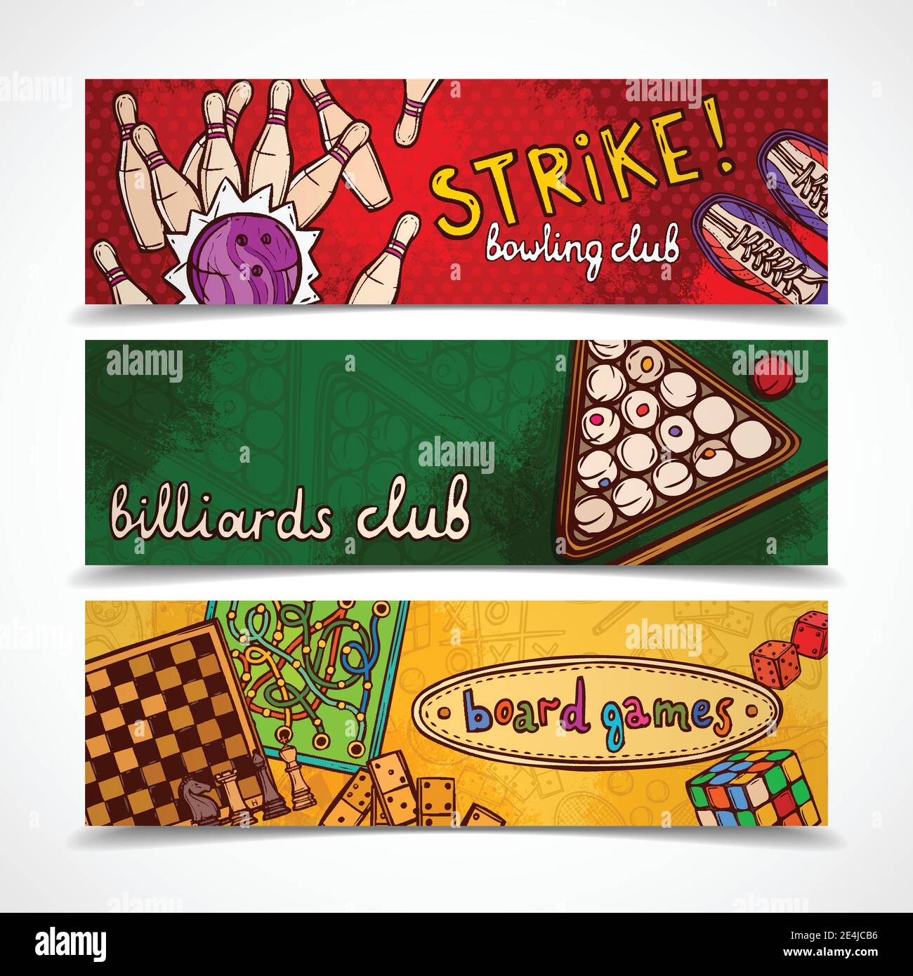 Giochi di sport e gioco d'azzardo sketch colorato banner orizzontale set con bowling biliardo e tavola isolato vettore illustrazione Illustrazione Vettoriale