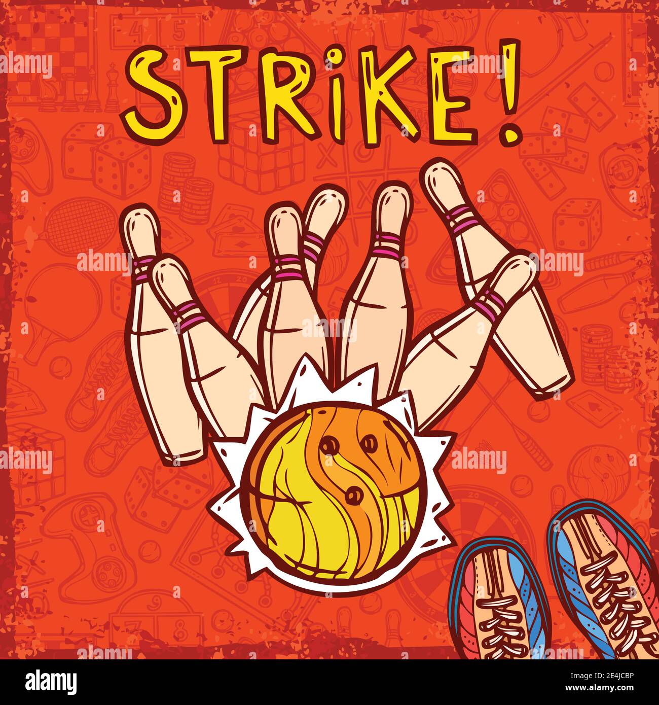 Bowling ball e Pins poster con sport e tavola giochi su sfondo illustrazione vettoriale Illustrazione Vettoriale