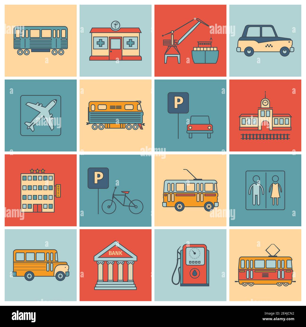 Icone delle infrastrutture cittadine linea piatta con banca del petrolio degli autobus illustrazione vettoriale isolata dal tram Illustrazione Vettoriale