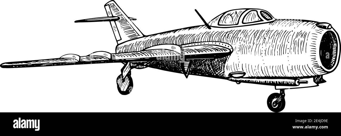 Aerei da combattimento a getto altamente subsonico disegnati a mano disegni realistici bozzetti doodle grafica illustrazione vettoriale monocromatica su sfondo bianco (traccia) Illustrazione Vettoriale