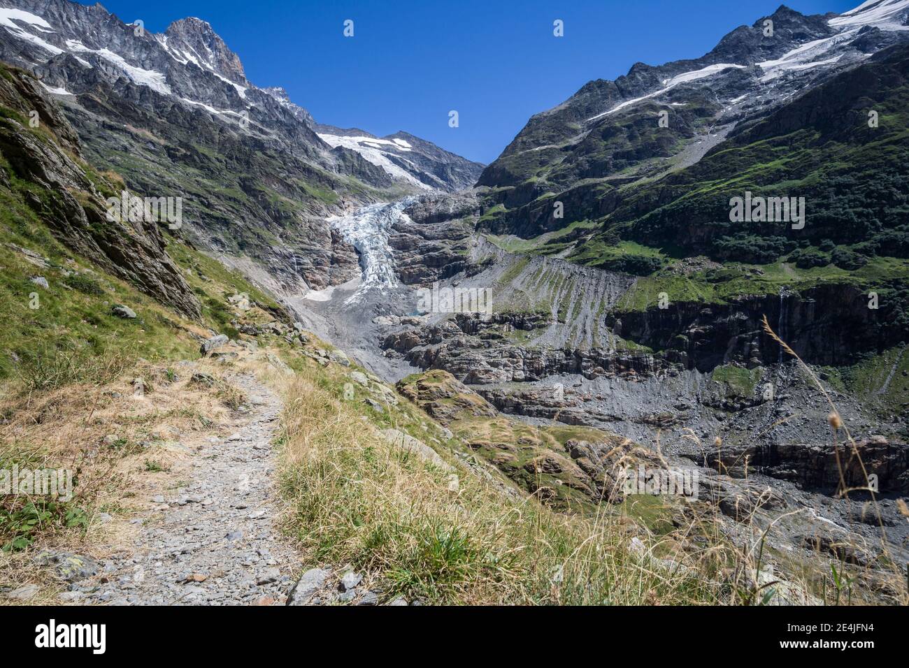 Sentiero alpino lungo il ghiacciaio Grindelwald inferiore, vicino a Grindelwald, nell'Oberland Bernese, in Svizzera, che guarda verso lo Schreckhorn Foto Stock