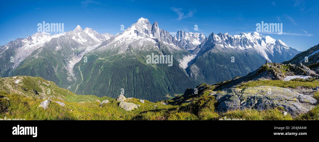 Panorama montano, ghiacciaio Mer de Glace e Glacier d'Argentiere, Aiguille Verte, Aiguille du Midi, Aiguille du Moine, Monte Bianco, Grandes Jorasses Foto Stock