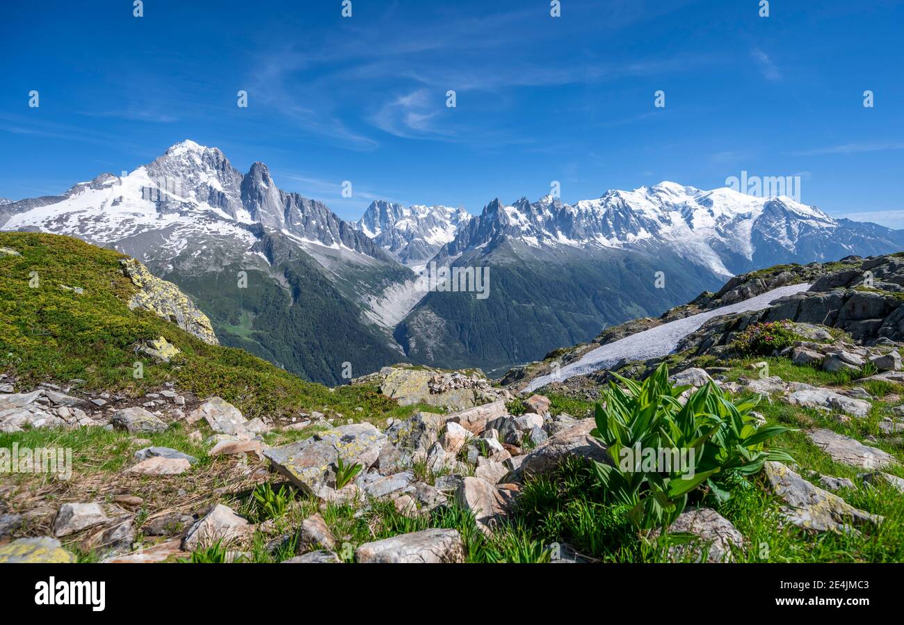 Escursionista sul sentiero, Grand Balcon Sud, ghiacciaio, Mer de Glace, Aiguille Verte e le cime del Monte Bianco, Grandes Jorasses, massiccio del Monte Bianco, Chamonix-M. Foto Stock