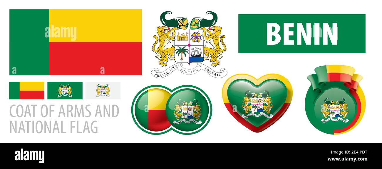 Insieme vettoriale della bandiera nazionale del Benin in vari disegni creativi Illustrazione Vettoriale