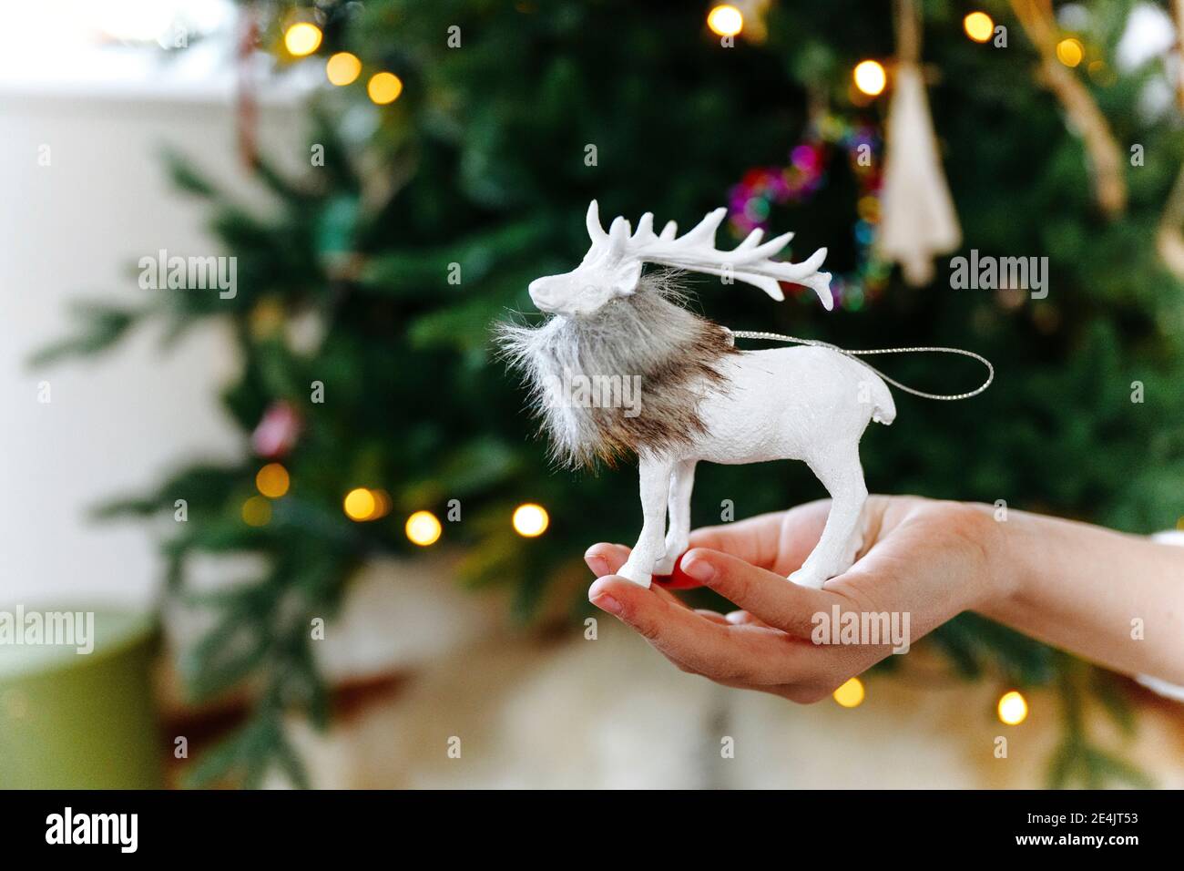 Primo piano della mano della ragazza che tiene il giocattolo del cervo di Natale Foto Stock
