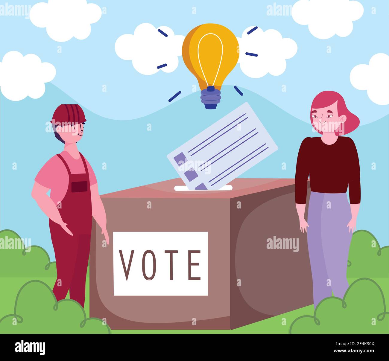 lavoratore e donna che gettano i voti al posto di voto illustrazione vettoriale Illustrazione Vettoriale
