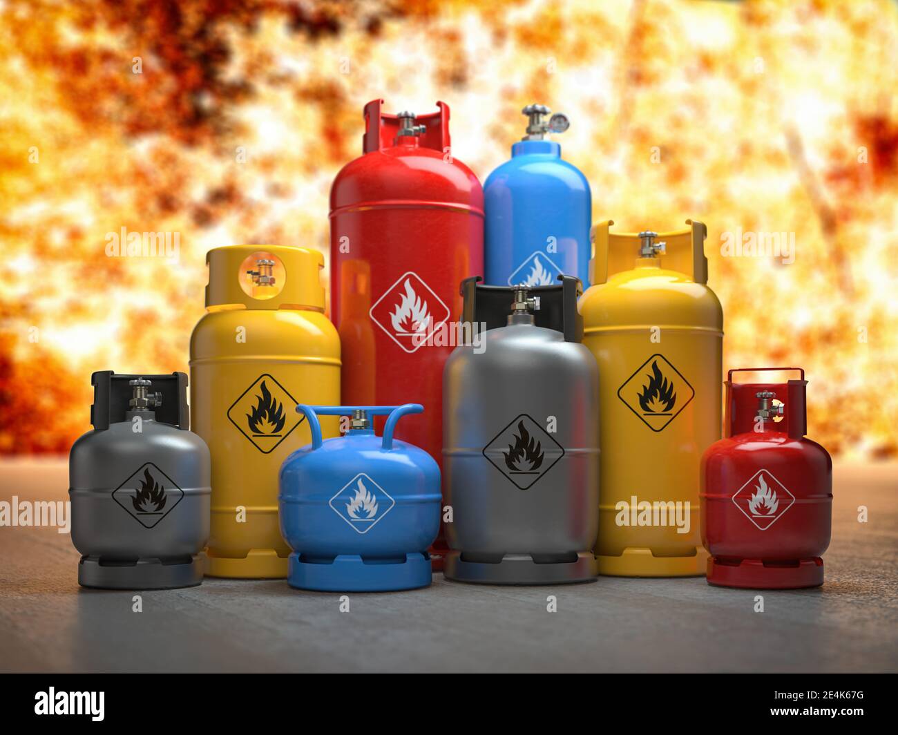 Serbatoi di gas o bombole su fiamma esplosiva e sfondo di fuoco. Pericolo di utilizzo del concetto di gas, illustrazione 3d Foto Stock