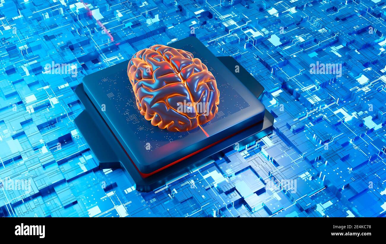 Illustrazione 3D del cervello sulla scheda a circuito stampato sulla rete neurale Foto Stock