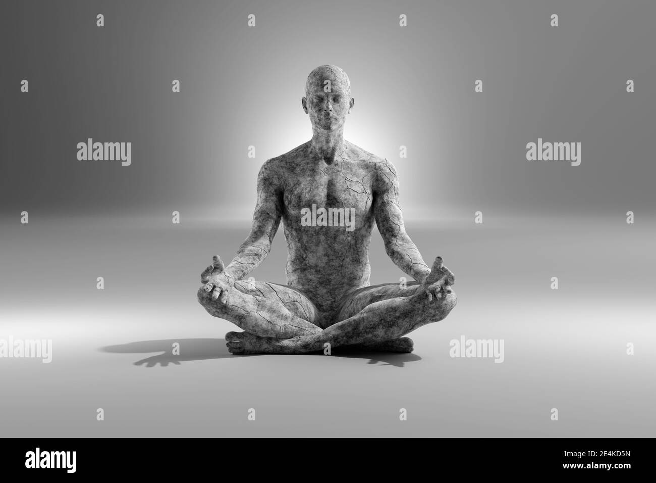 Carattere maschile 3D realizzato in cemento con gambe incrociate meditando su sfondo grigio Foto Stock