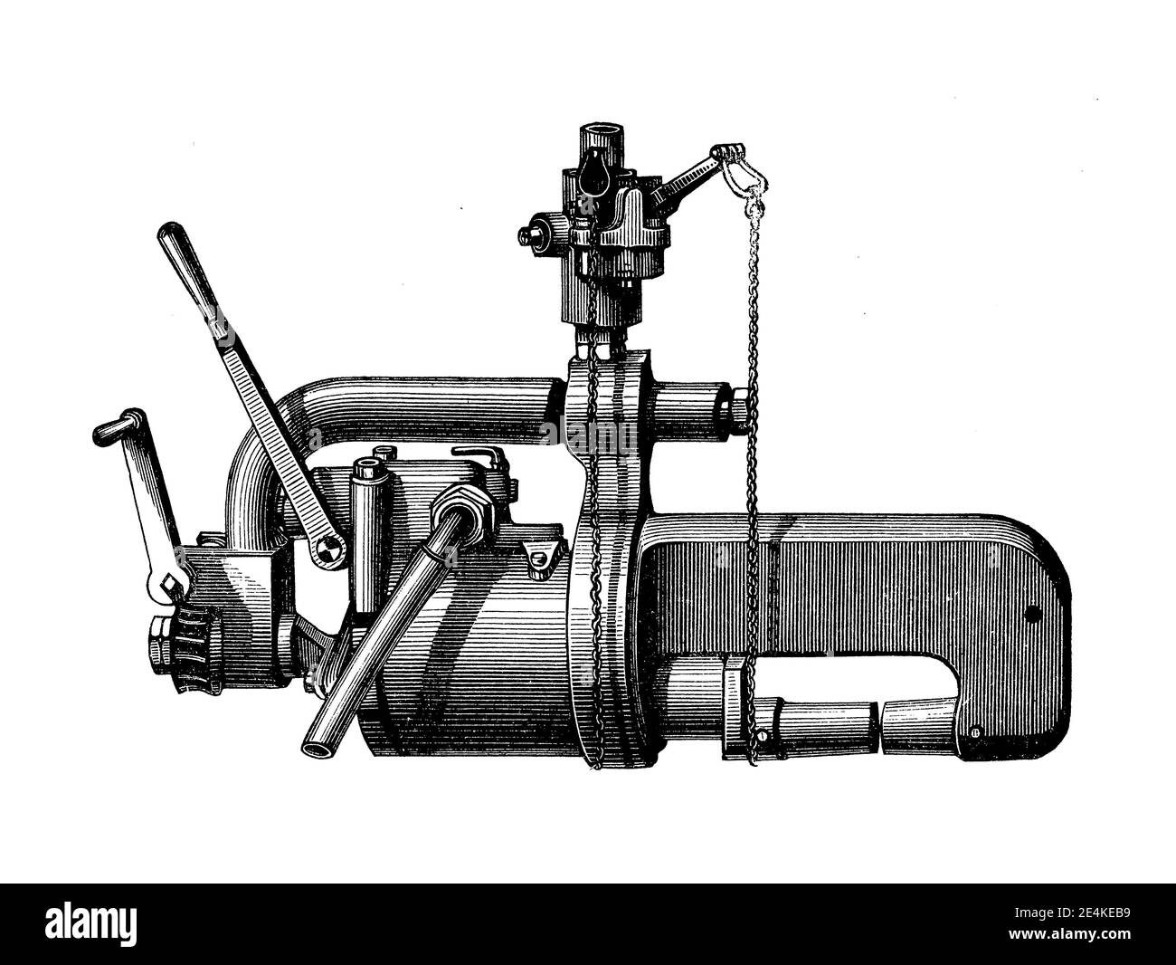 La rivettatrice idraulica portatile inventata da Ralph Hart Tweddell agevolò notevolmente la costruzione di caldaie, ponti e navi; incisione ottocentesca Foto Stock