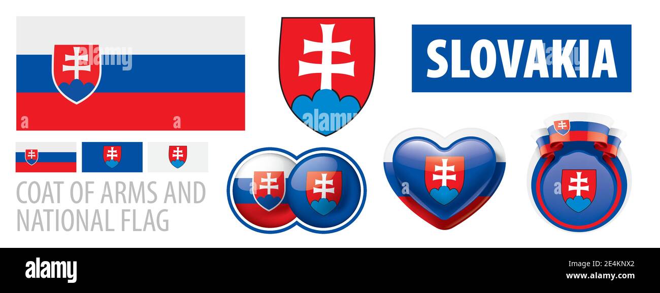 Insieme vettoriale dello stemma e della bandiera nazionale Della Slovacchia Illustrazione Vettoriale