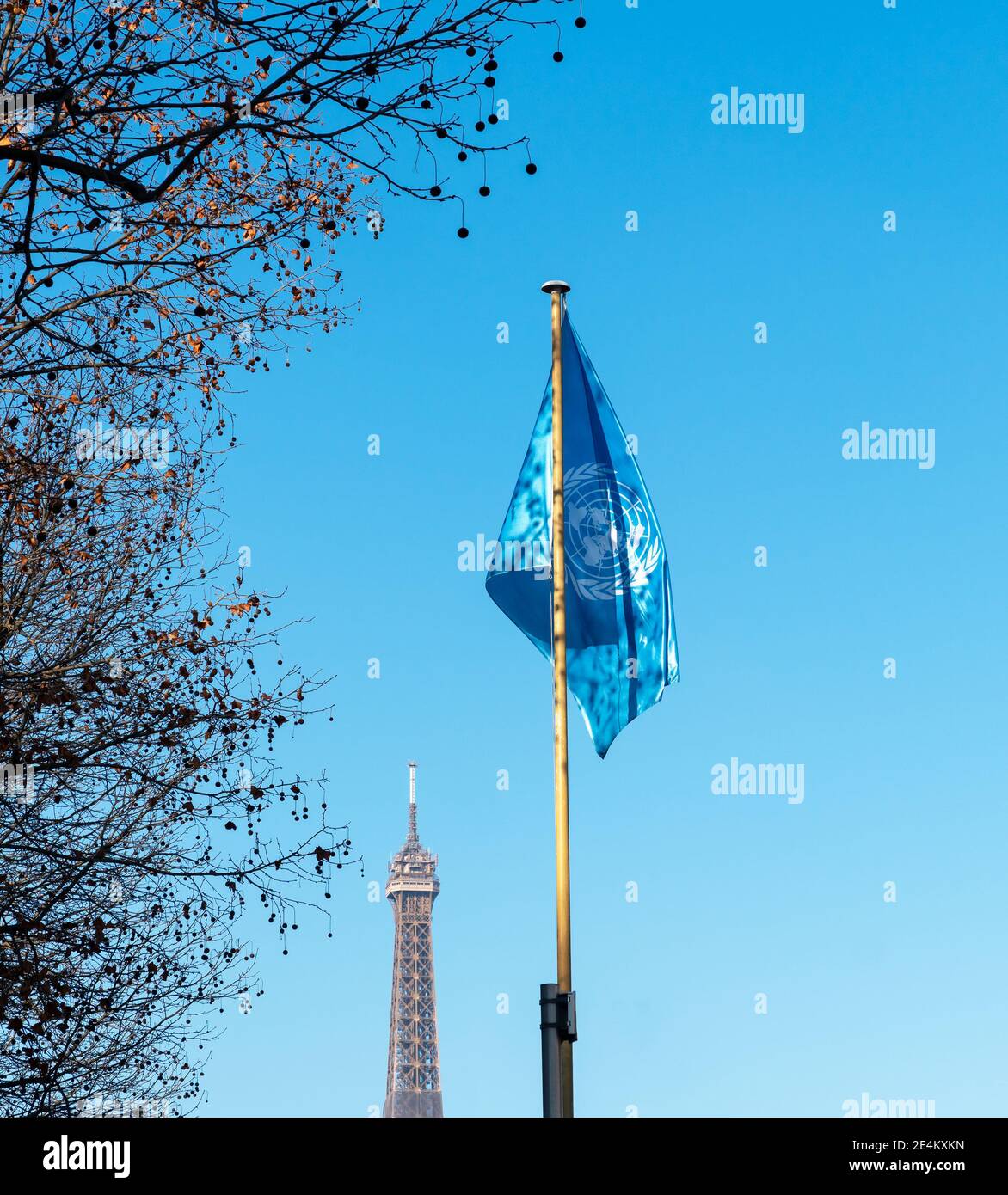 Sventolare la bandiera delle Nazioni unite con la Torre Eiffel - Parigi, Francia Foto Stock