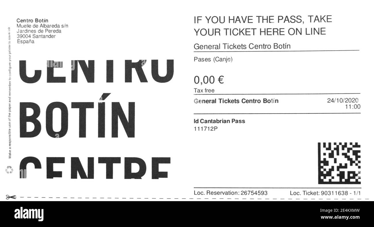Biglietto d'ingresso stampato per il Botin Center for Arts in Santander Cantabria Spagna Foto Stock
