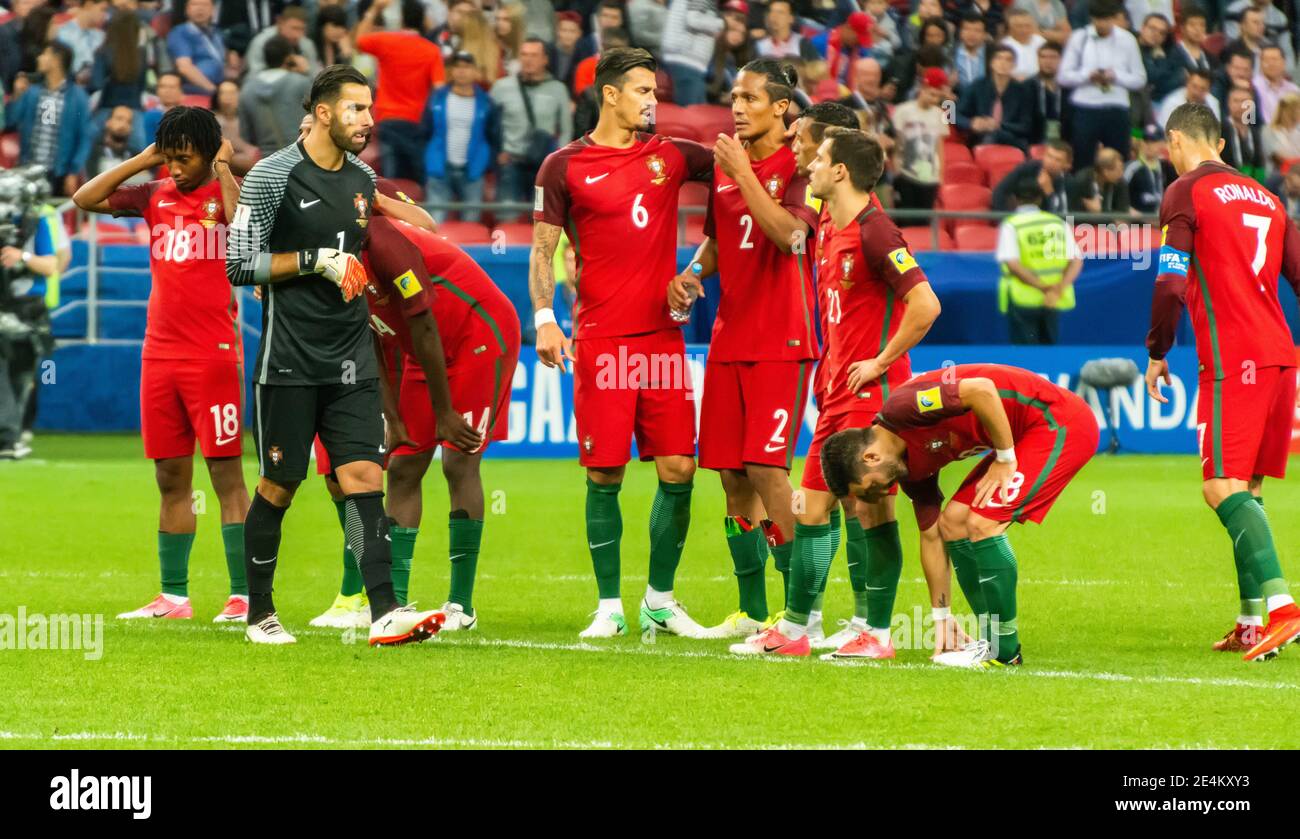 Kazan, Russia – 28 giugno 2017. Nazionale di calcio portoghese prima di sparare a pena in FIFA Confederations Cup 2017 semi-finale Portogallo vs Cile. Foto Stock