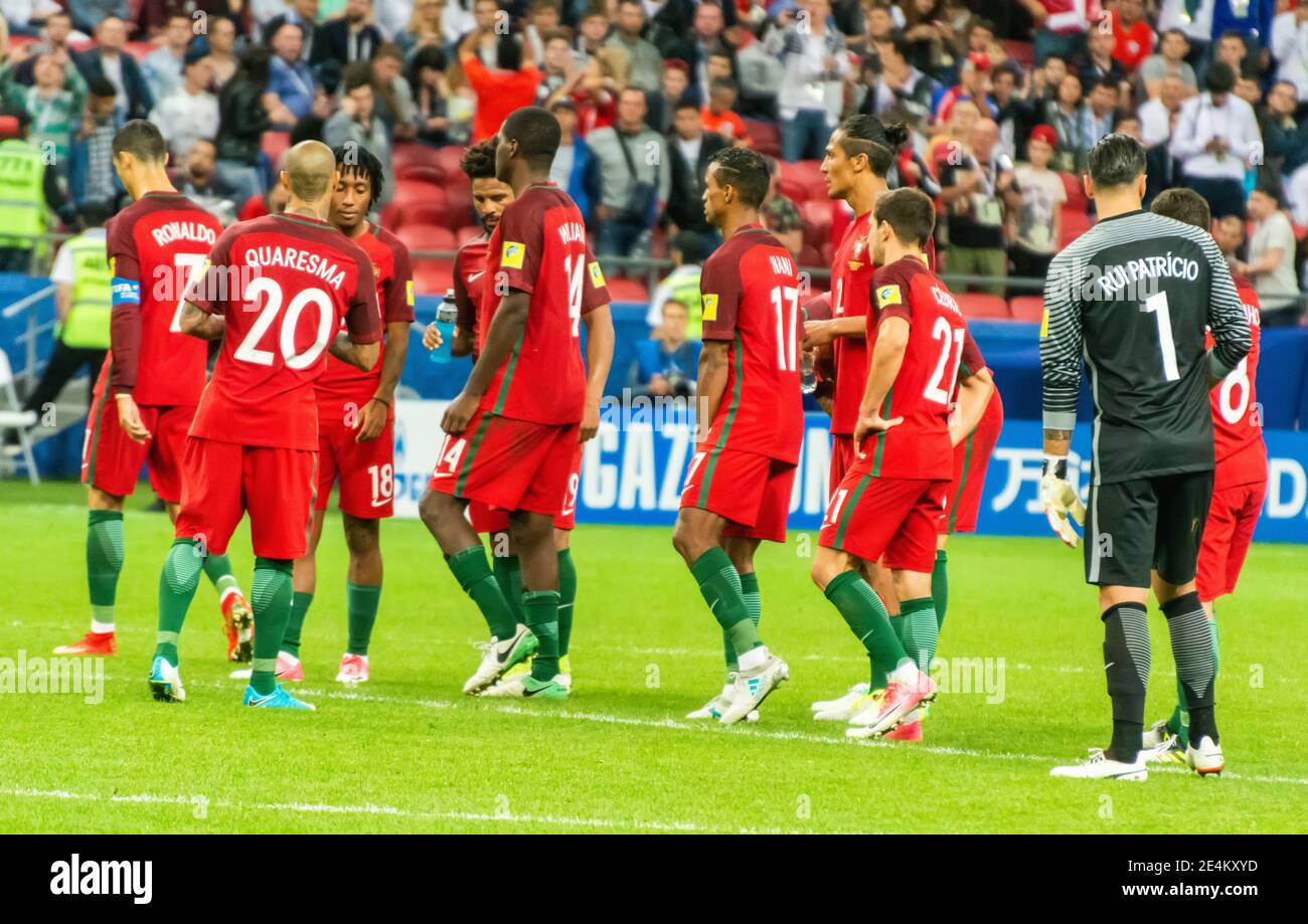 Kazan, Russia – 28 giugno 2017. Nazionale di calcio portoghese prima di sparare a pena in FIFA Confederations Cup 2017 semi-finale Portogallo vs Cile. Foto Stock