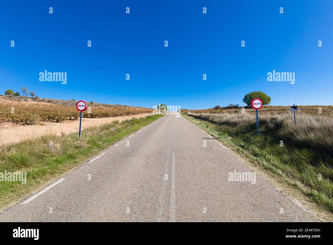 Strada rurale con due segnali di sorpasso in un paesaggio a Castiglia, Spagna, Europa Foto Stock