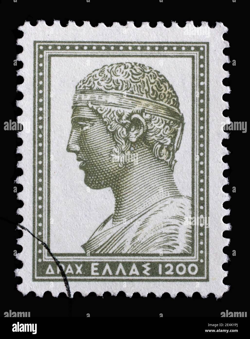 Il francobollo stampato in Grecia mostra la testa del cariotiere di Delfi, circa 1954 Foto Stock
