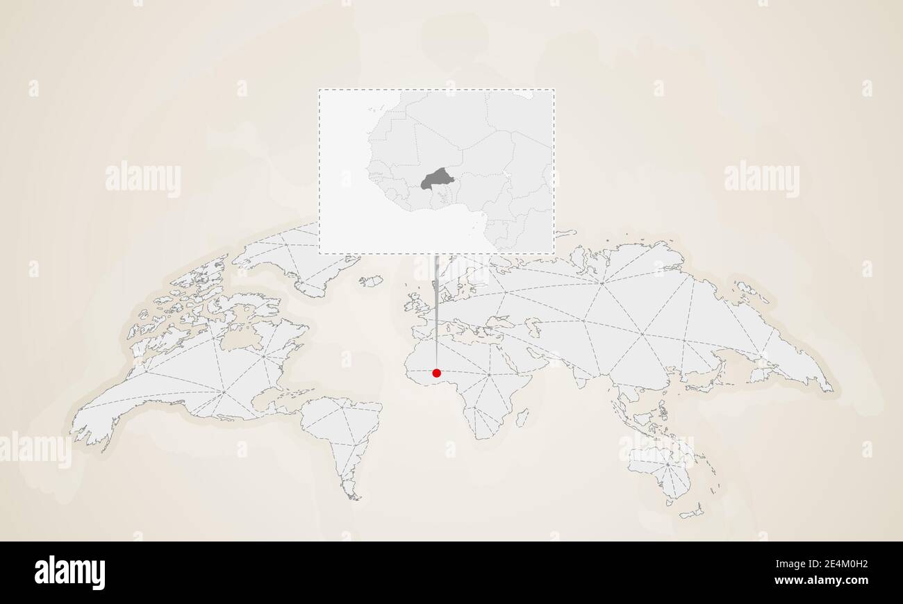 Mappa del Burkina Faso con i paesi vicini inchiodati sulla mappa del mondo. Mappa mondiale triangoli astratti. Illustrazione Vettoriale