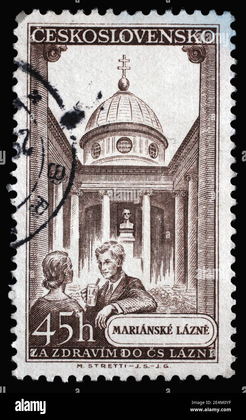 Il francobollo stampato in Cecoslovacchia mostra Marianske Lazne città termale nella regione Karlovy Vary, circa 1956 Foto Stock