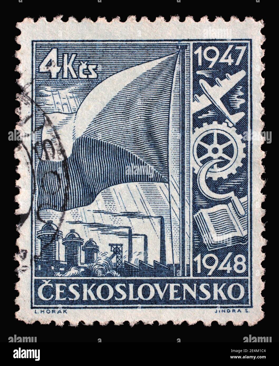 Il francobollo stampato in Cecoslovacchia mostra il simbolismo dell'economia nazionale, serie di piani economici di due anni, circa 1947 Foto Stock