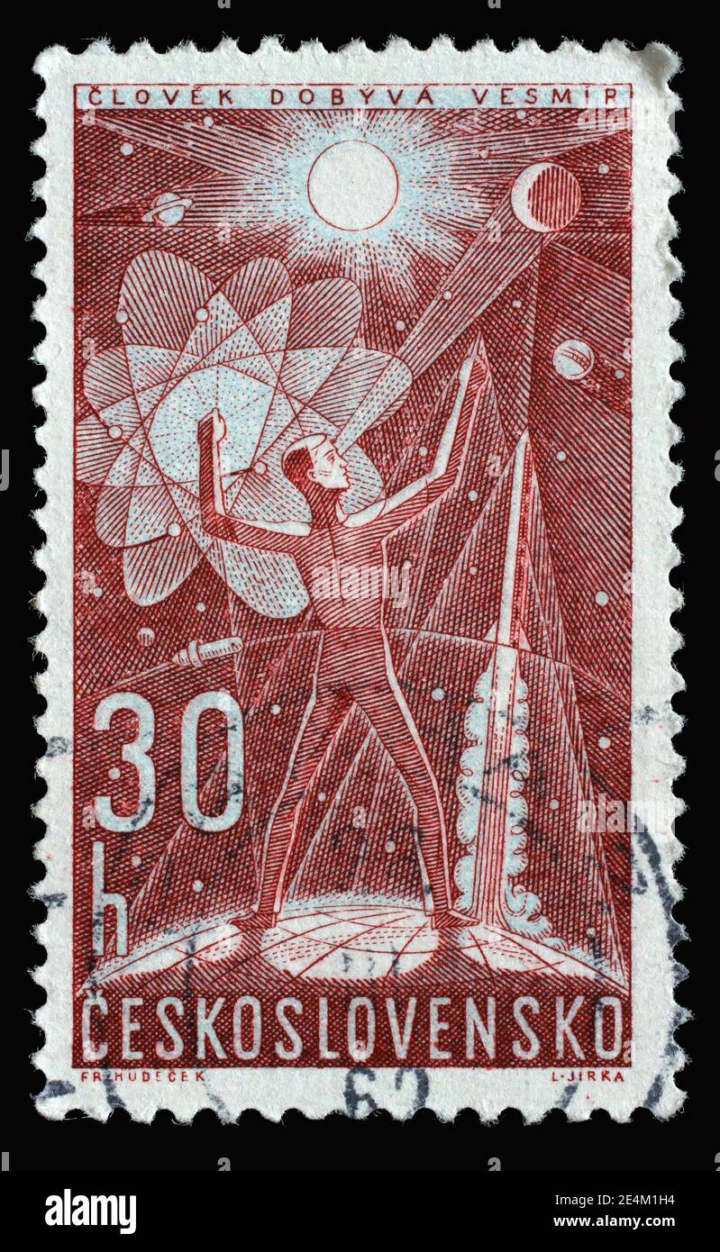 Il francobollo stampato in Cecoslovacchia mostra l'uomo conquista spazio, serie di ricerca spaziale, circa 1962 Foto Stock