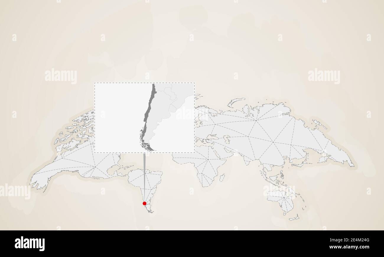 Mappa del Cile con i paesi vicini puntati sulla mappa del mondo. Mappa mondiale triangoli astratti. Illustrazione Vettoriale