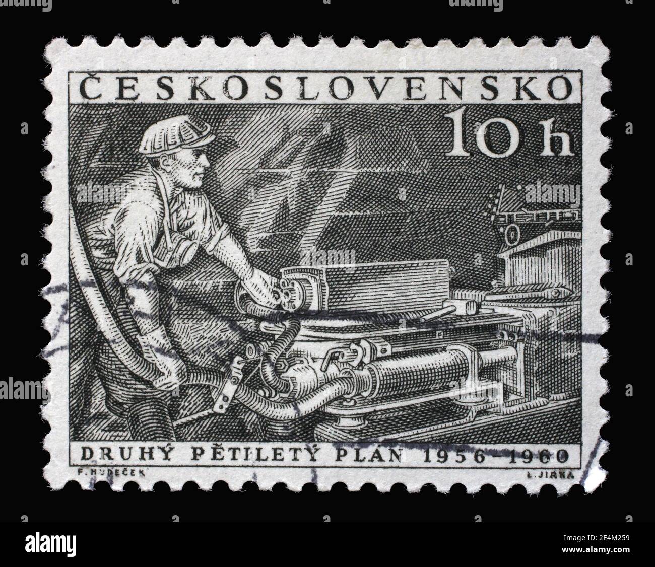 Francobollo stampato in Cecoslovacchia mostra Miner con trapano, secondo piano quinquennale, circa 1956 Foto Stock