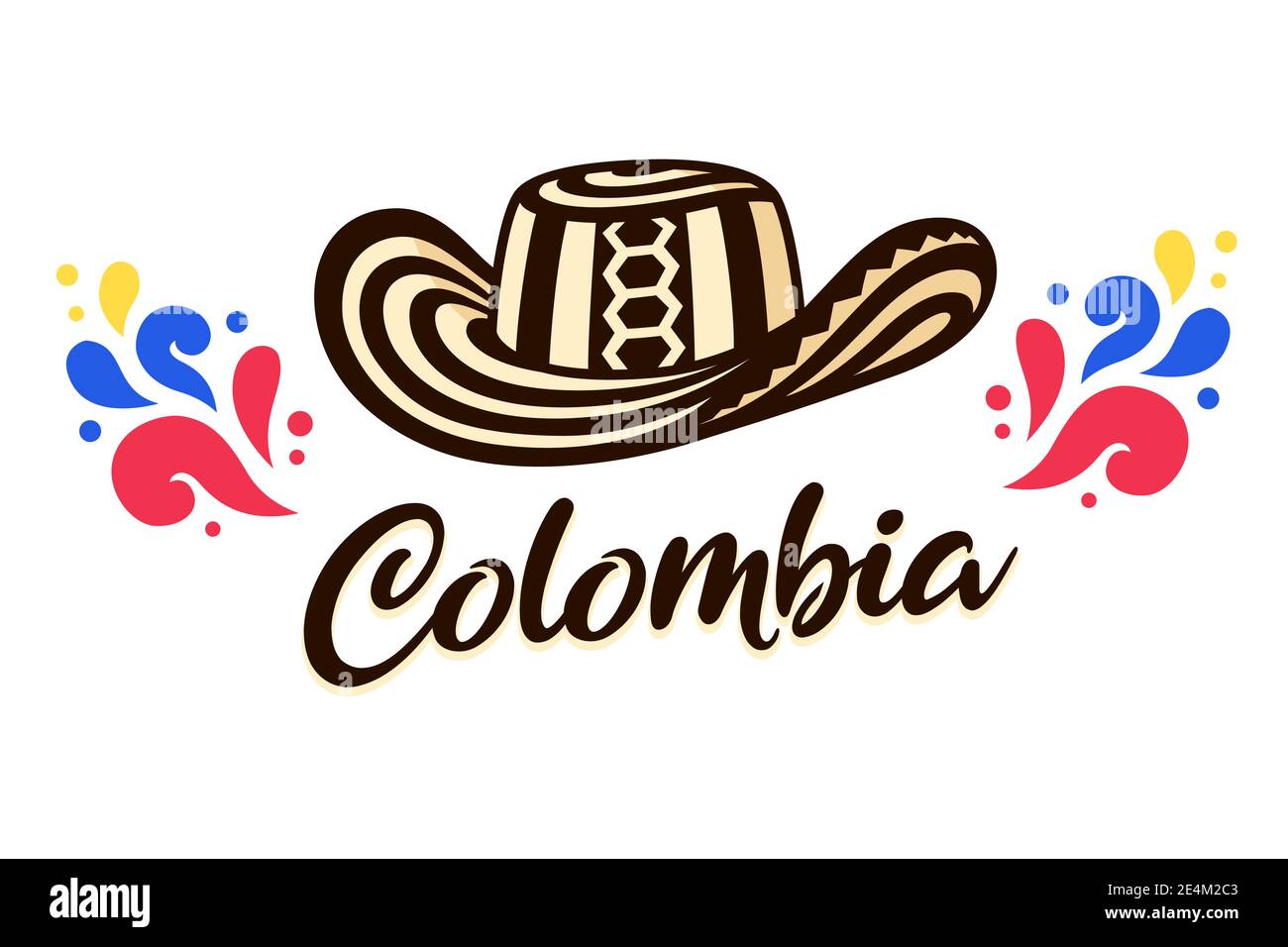 Sombrero Vueltiao, cappello tradizionale colombiano con scritta Colombia. Immagine vettoriale clip art. Illustrazione Vettoriale