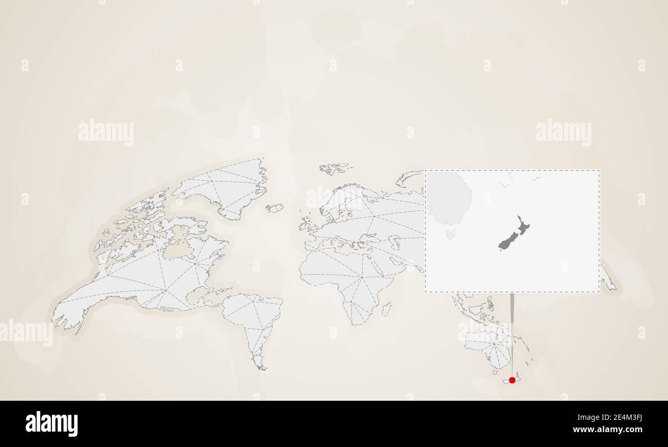 Mappa della Nuova Zelanda con i paesi vicini puntati sulla mappa del mondo. Mappa mondiale triangoli astratti. Illustrazione Vettoriale