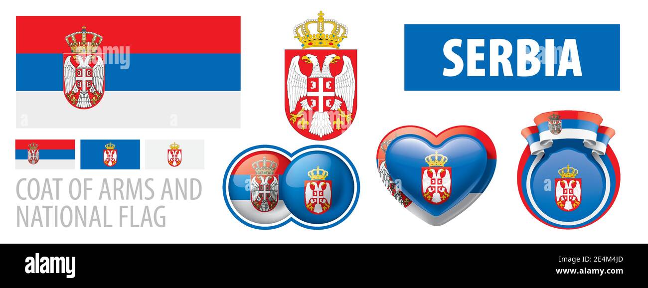Insieme vettoriale dello stemma e della bandiera nazionale Della Serbia Illustrazione Vettoriale