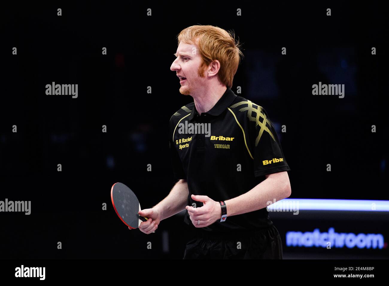 COVENTRY, REGNO UNITO. 24 gennaio 2021. Gavin Rumgay (SCO) vs Genia Milchin (GER) durante il 2021 World Ping Pong Masters alla Ricoh Arena Domenica 24 Gennaio 2021 a COVENTRY, INGHILTERRA. Credit: Taka G Wu/Alamy Live News Foto Stock